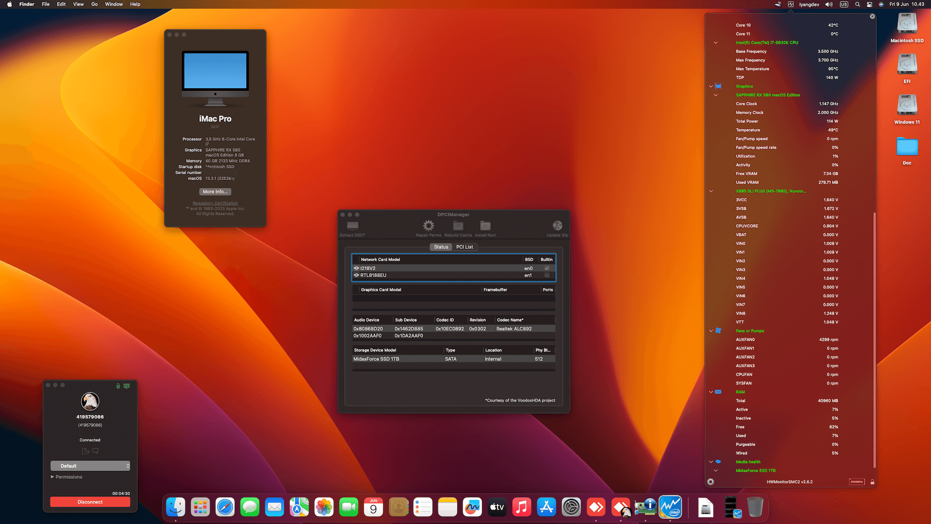 Success Hackintosh macOS Ventura 13.3.1 Build 22E261 in MSI X99S SLI PLUS + Intel Core i7 5930K + Sapphire RX 580